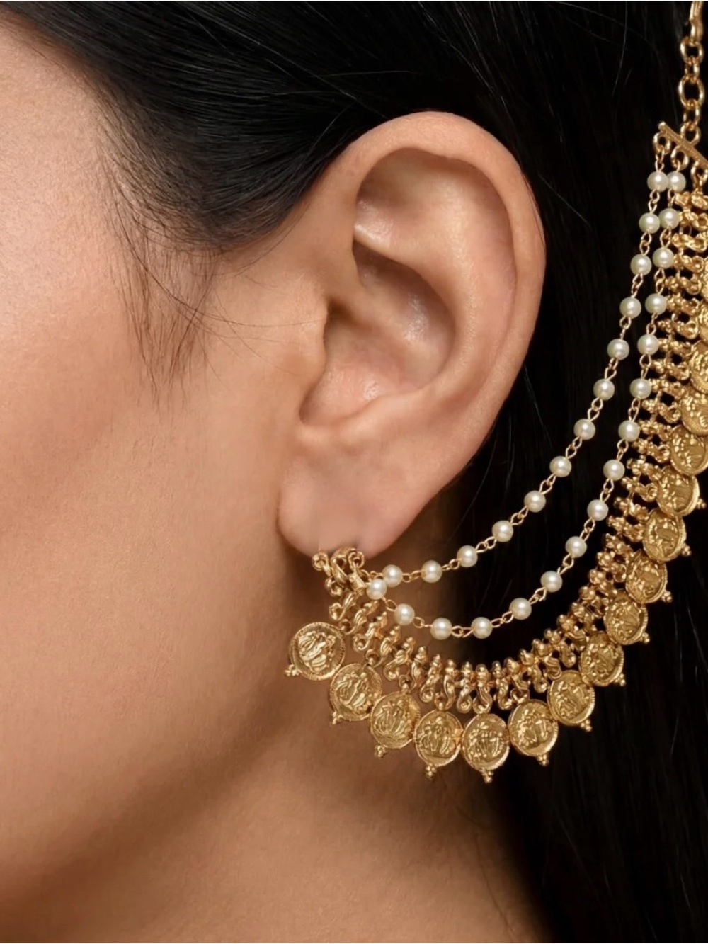Gold Coin Pearl Chain Ear Cuff - Women Jewelry